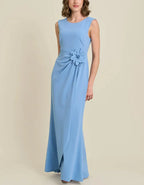 Light Blue Round Neck Sleeveless Side 3D Flower Maxi Dress
