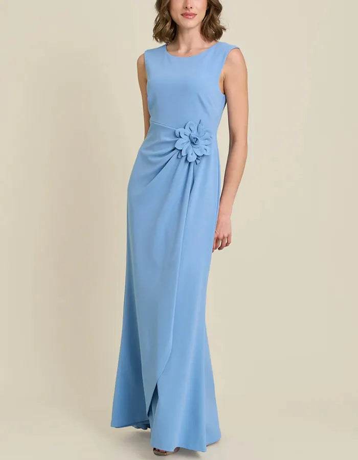 Light Blue Round Neck Sleeveless Side 3D Flower Maxi Dress
