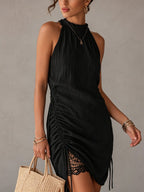 Black Textured Drawstring Lace Sleeveless Mini Dress