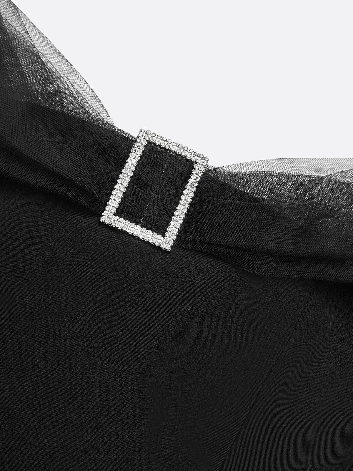 Women Black Mesh Rhinestone V Neck Short Sleeve Elegant Jumpsuit