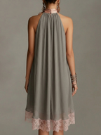 Grey Halter Neck Satin Bow And Lace-trimmed Mini Dress