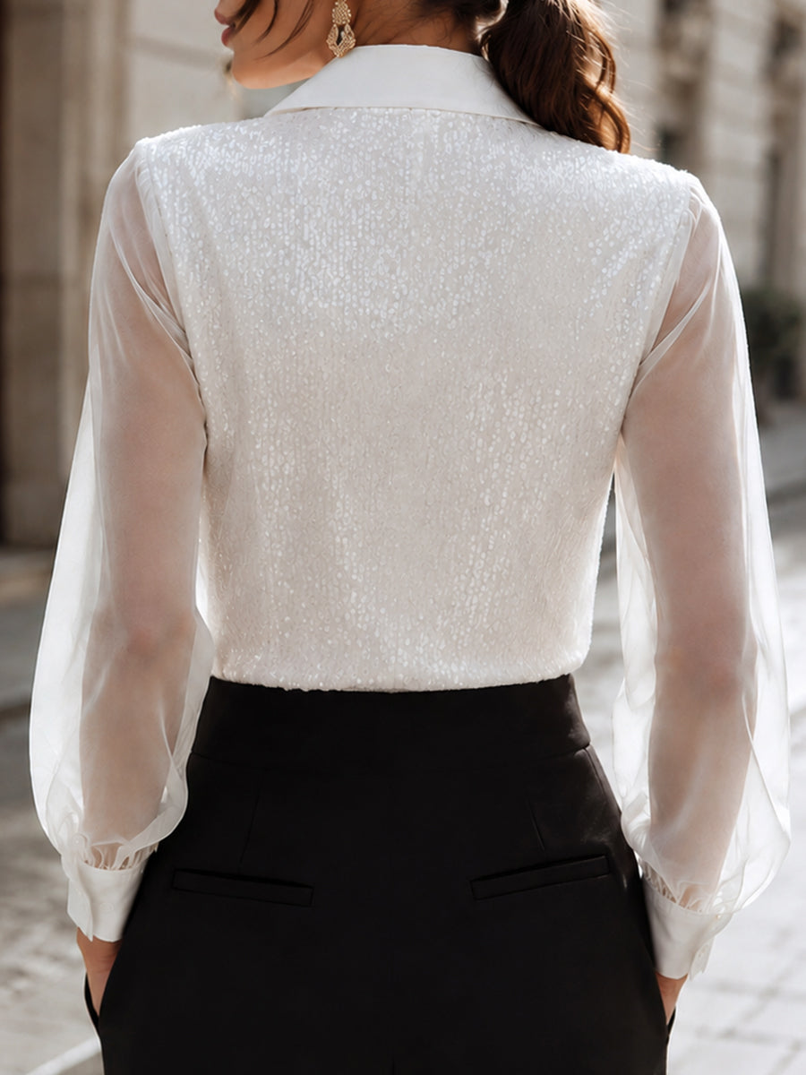 Sequin Embellished Sheer Sleeve Button-Front Blouse