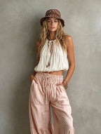 Women's Casual White Woven Sleeveless Round-neck Top Paired With Pink Woven Trousers MDZ1268F0LXY