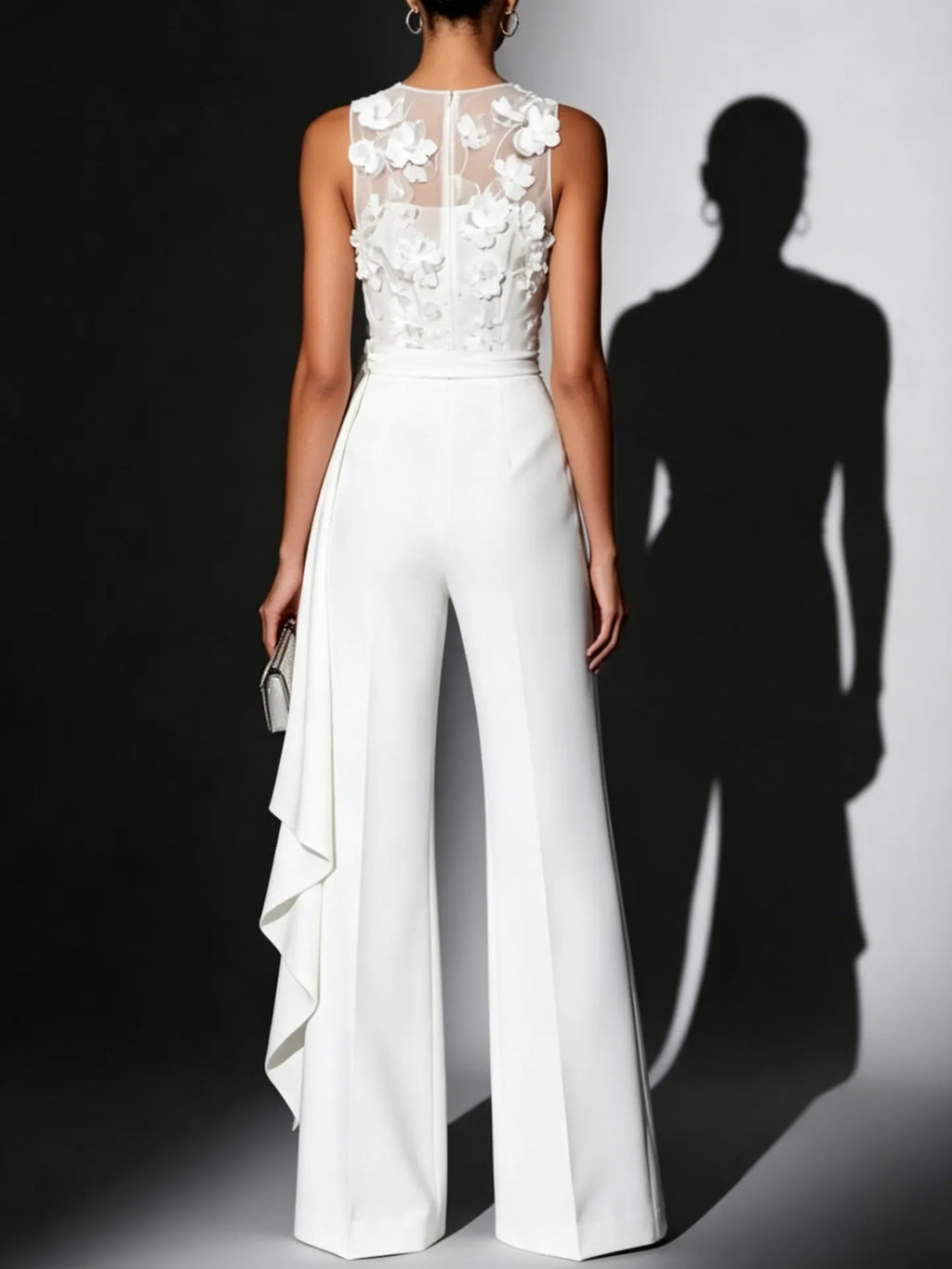 Women White 3D Floral Crew Neck Sleeveless Elegant Jumpsuit
