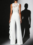 Women White 3D Floral Crew Neck Sleeveless Elegant Jumpsuit
