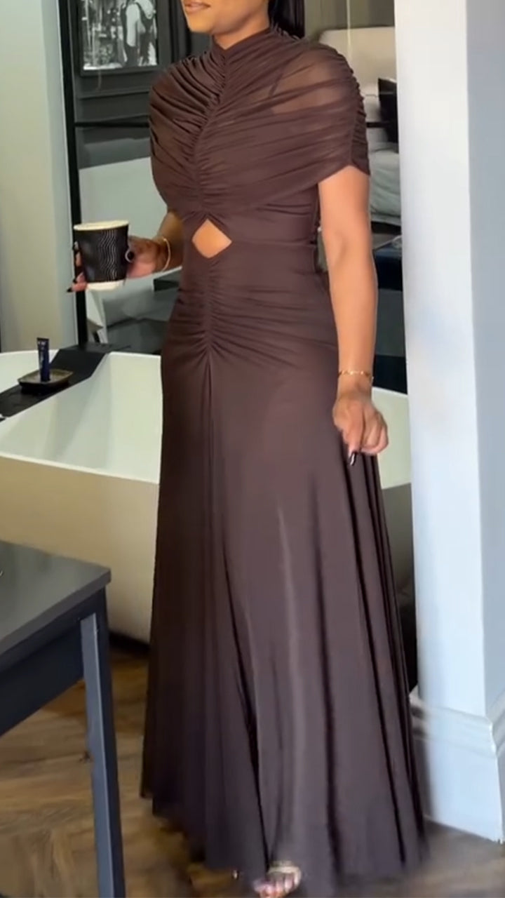 Women Round Neck Patchwork Hollow Pleated Solid Color Elegant Temperament Dress