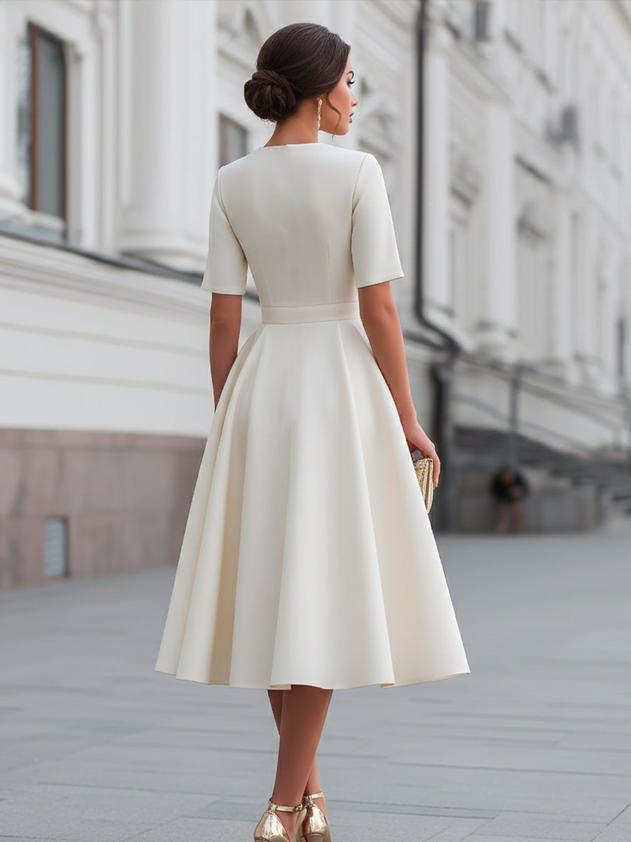 Short Sleeve Zip-Front Fit And Flare Midi Dress