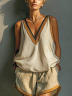 Women's Beige Linen-Blend Contrast Trim V-Neck Tank Top & Khaki Shorts Two-Piece Set MDZ2086C2T
