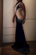 Women's Elegant Party Rhinestone Mesh Panel Maxi Dress