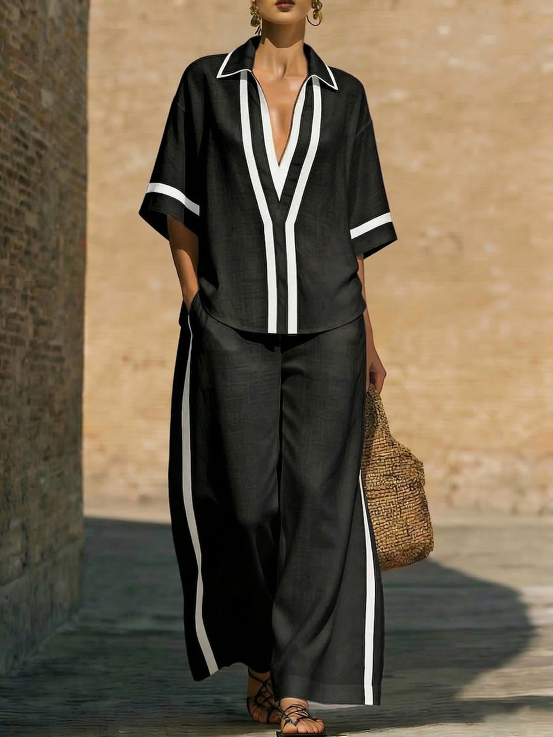 Stylish Trimmed Edge Color-blocked Cotton Linen Two-piece Set