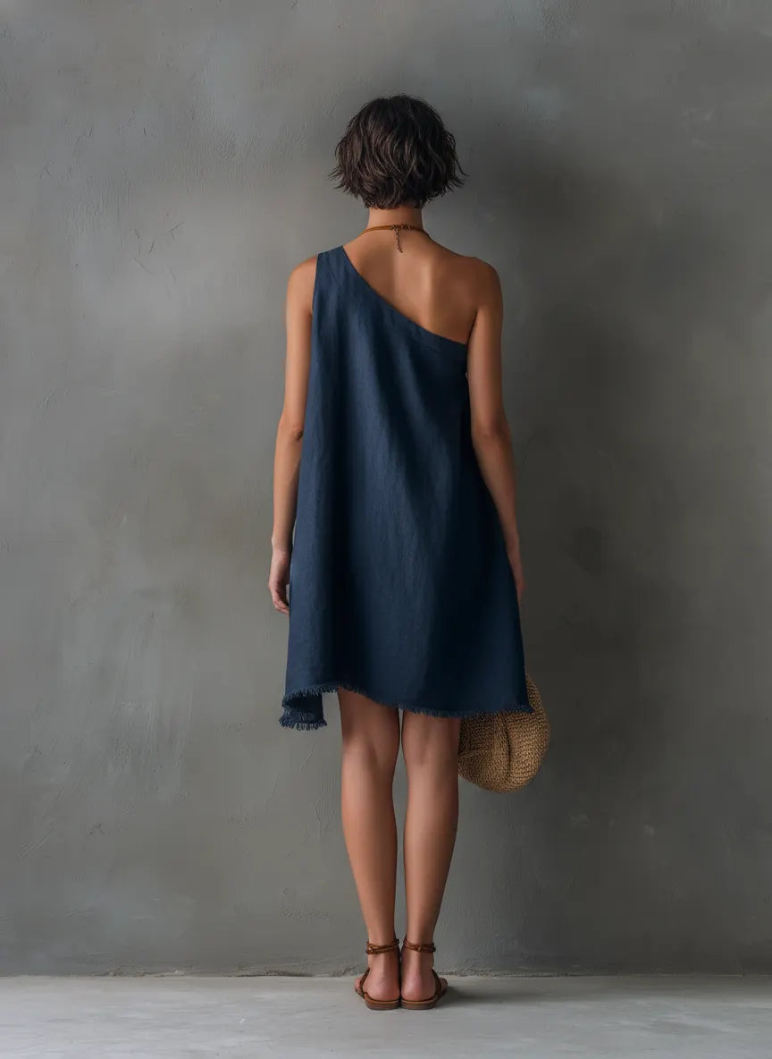 Women's Minimalist Linen-Blend One-Shoulder Sleeveless Mini Dress With Frayed Hem MDZ2597E0Y