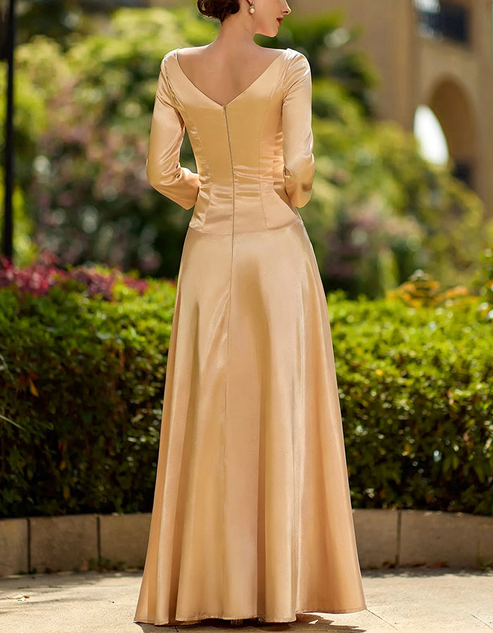 Champagne V Neck Cross Ruched 3/4 Sleeve Satin Maxi Dress