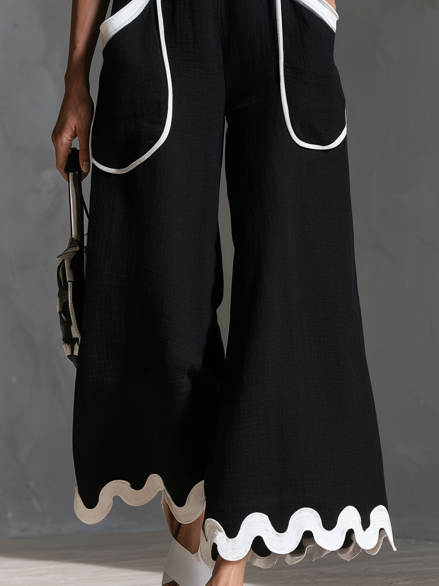 Retro Color-blocked Wavy-trimmed Black Sleeveless Cotton-linen Top And Pants Set