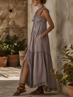 Purple lace-trimmed slit camisole maxi dress