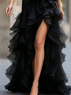 Black One-Shoulder Ruffled Evening Gown With Front Slit