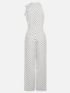 Women White Polka Dots Bow Halter Sleeveless Dressy Jumpsuit