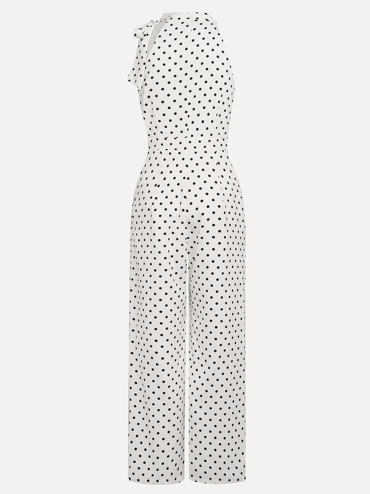 Women White Polka Dots Bow Halter Sleeveless Dressy Jumpsuit