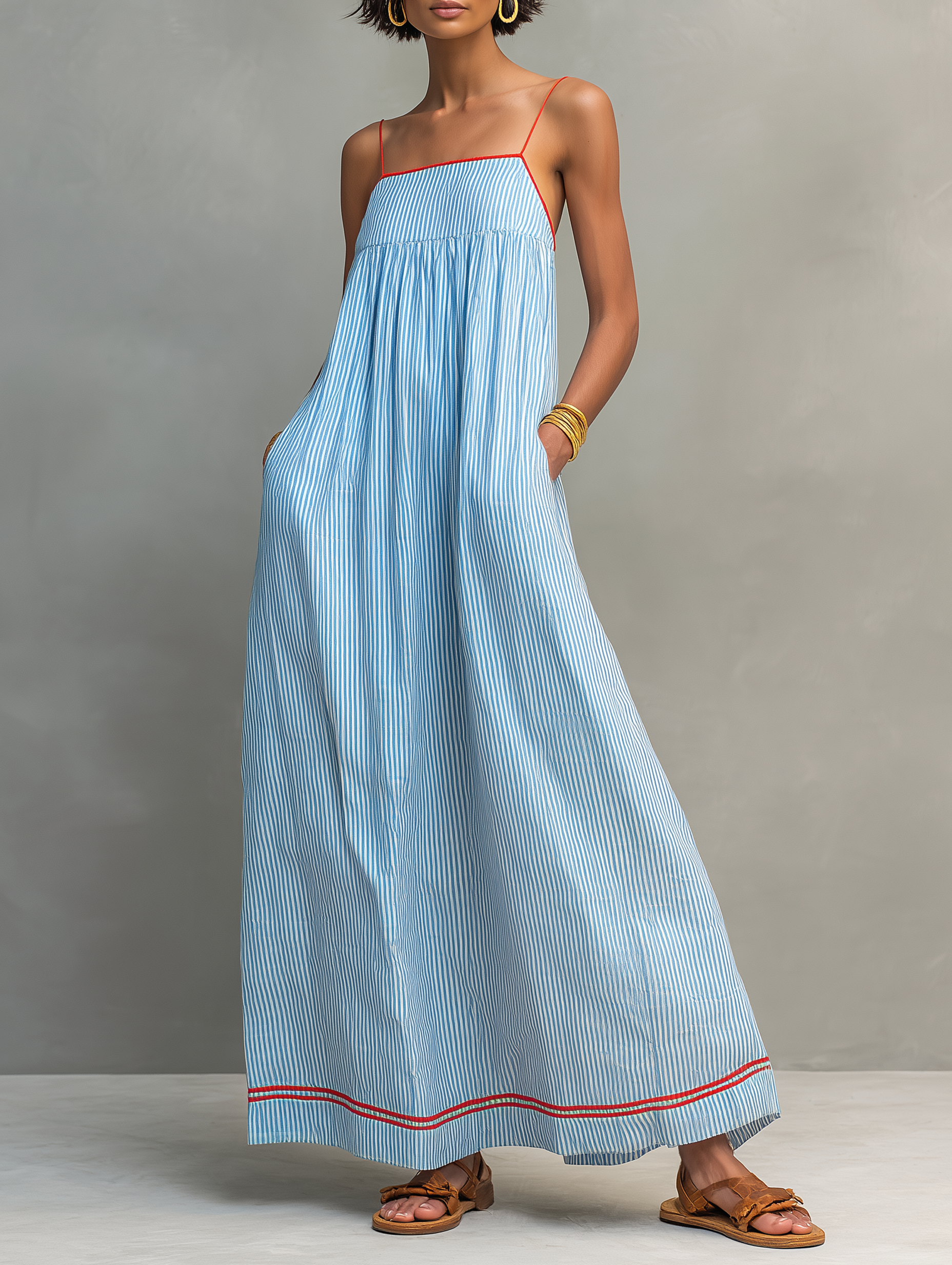 Women's Minimalist Striped Maxi Dress With Red Trim And Spaghetti Straps MDZ2710C3Y