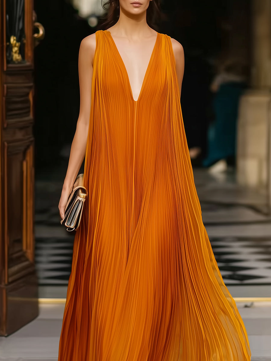 Deep V-Neck Pleated Flowing Maxi Dress