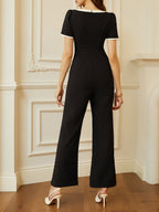 Women Black Bow Tie Neck Short Sleeve Dressy Jumpsuit