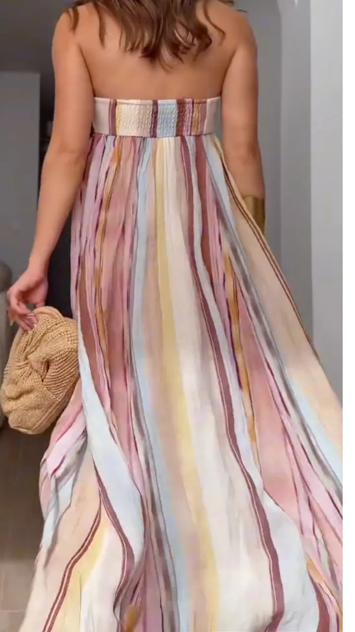 复制Black Draped Sleeveless Midi DressPastel Watercolor Stripe Strapless Maxi Dress