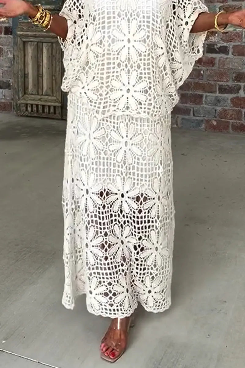 Elegant and Casual Round Neck Patterned Hollow Top or Skirt for Women