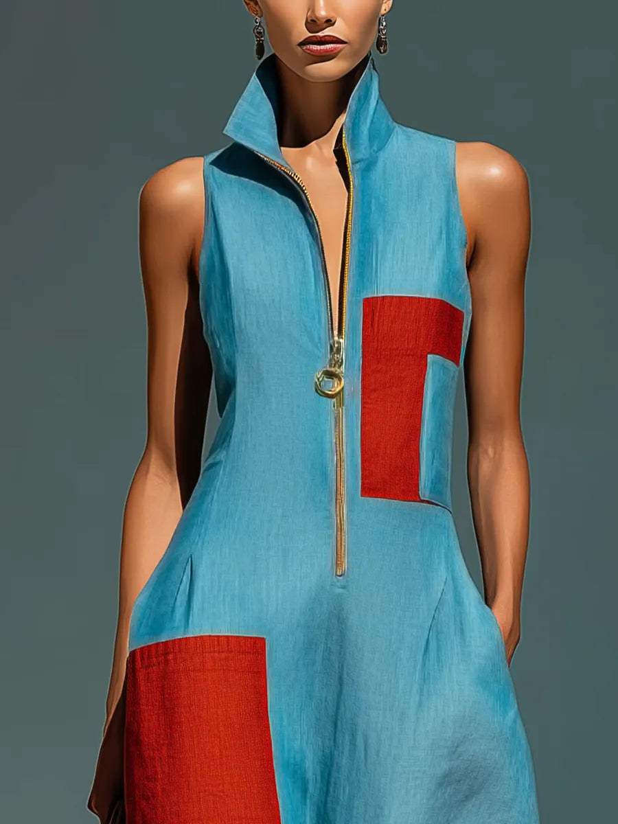 Women’s Blue Linen-Blend Sleeveless Jumpsuit With Red Patch Pockets & Half-Zip Stand Collar MDZ0982E4T