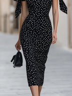 Olka Dot Off-Shoulder Bodycon Midi Dress With Bow Accents
