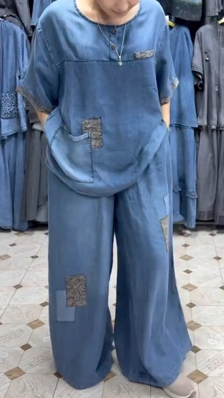 Denim Loose Top & Wide Leg Pant 2 Piece Set