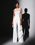 Women White 3D Floral Crew Neck Sleeveless Elegant Jumpsuit