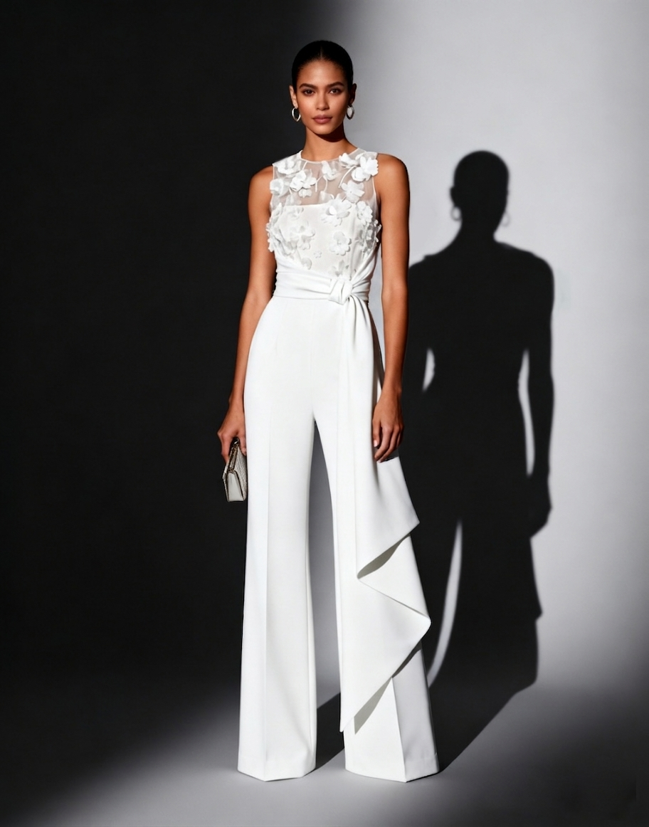 Women White 3D Floral Crew Neck Sleeveless Elegant Jumpsuit