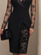 Sophisticated Black Blazer-Style Lace Midi Dress
