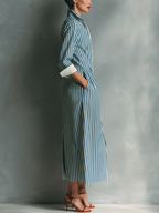 Women's Blue And White Cotton Blend Striped Shirt Dress With Red Chest Pocket MDZ1286C2T