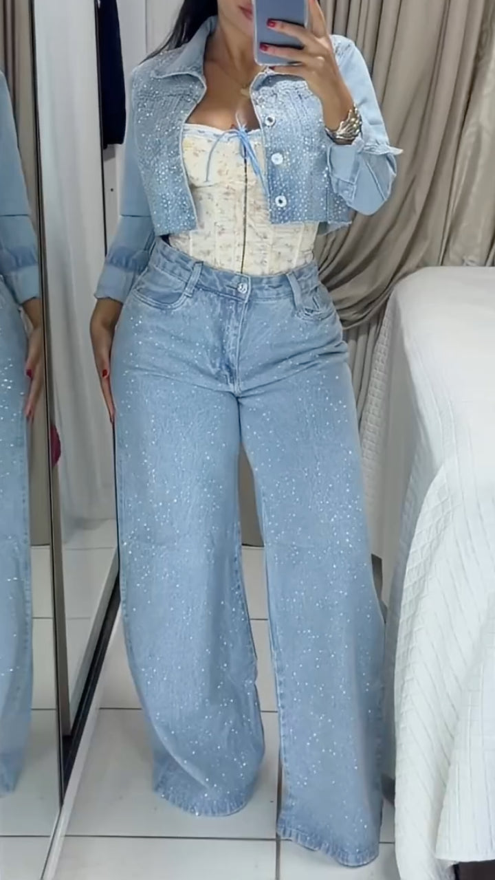 Rhinestone Denim Cropped Jacket & Wide Leg Jeans 2 Piece Set