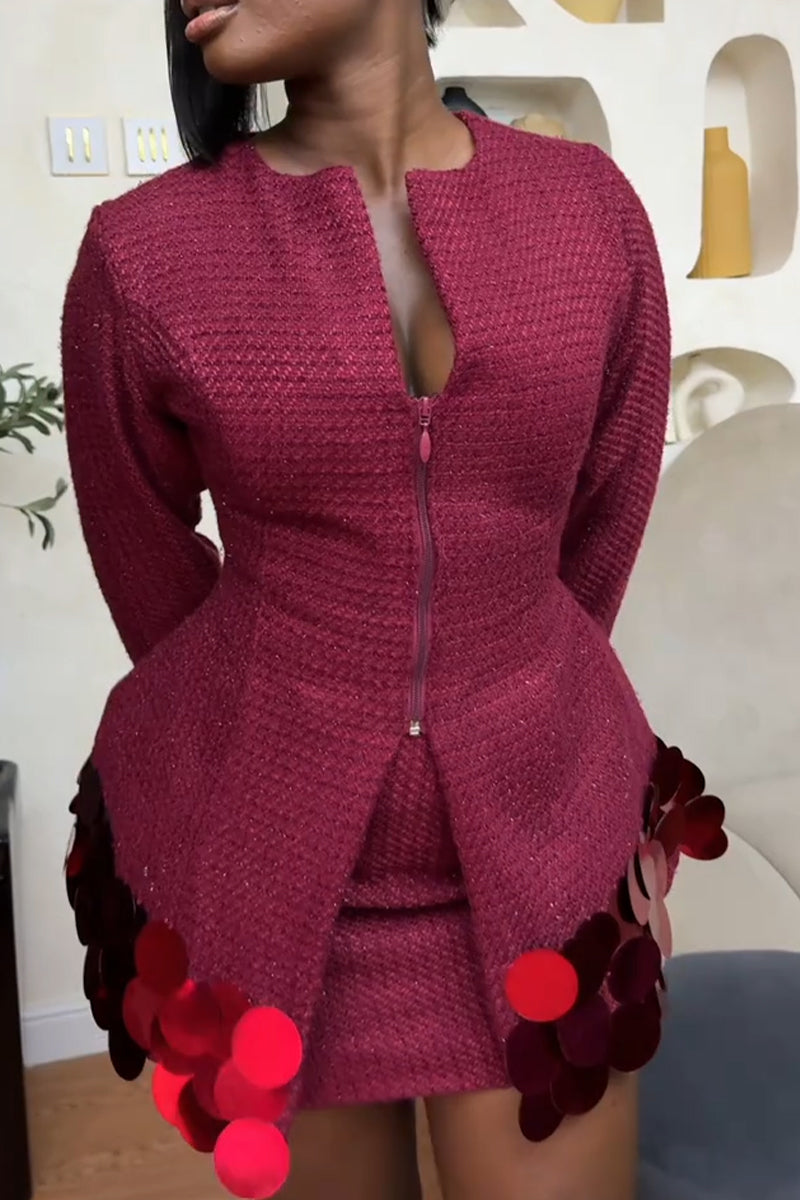 Women Round Neck Half Zipper Patchwork Sequin Jacket+ Half Skirt Temperament Commuting Formal Suit