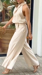 Cream Satin Halter 2 Piece Wide Leg Pant Set