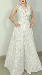 ## White Floral Lace V-Neck Vest & Wide Leg Pant Two Piece Set  ### Title