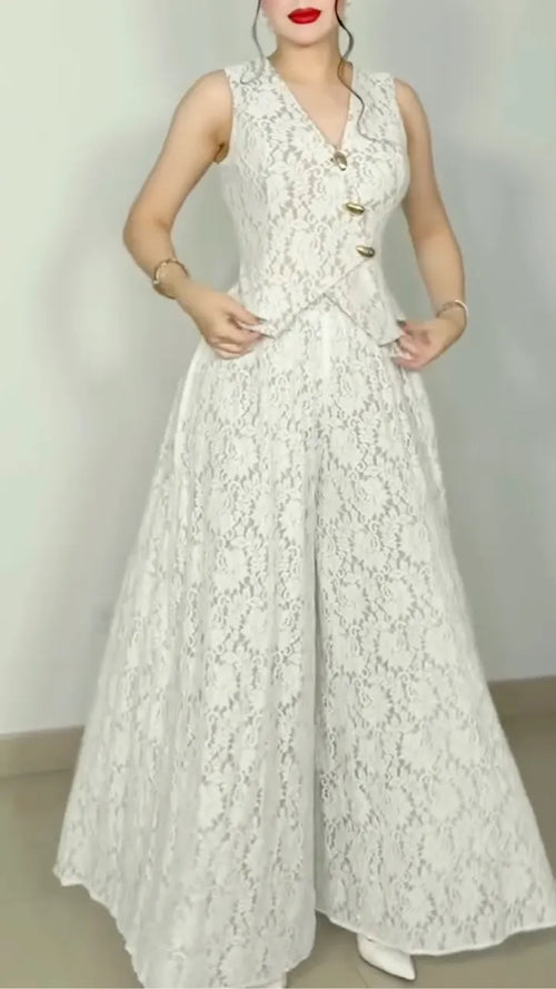 ## White Floral Lace V-Neck Vest & Wide Leg Pant Two Piece Set  ### Title