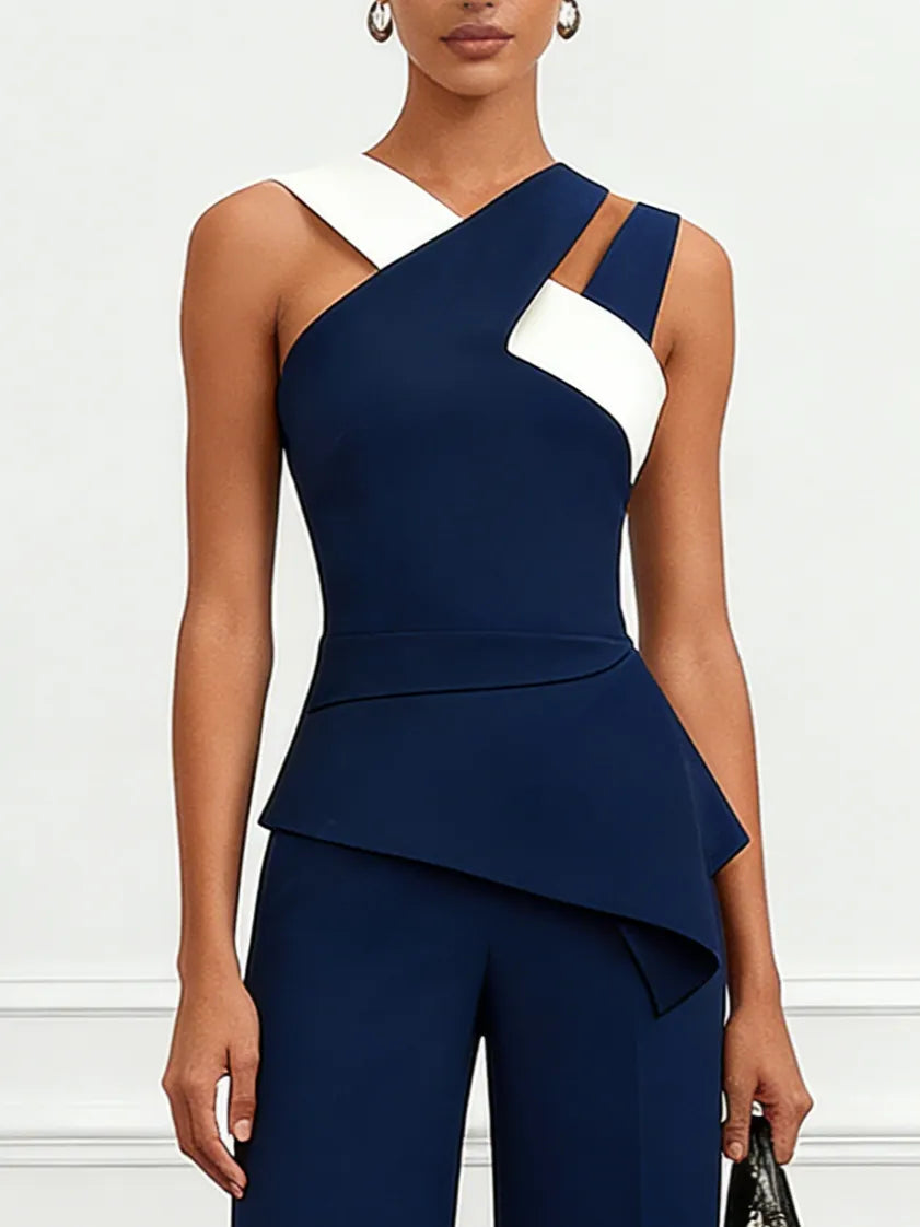 Women Navy Blue Cross Pocket Stitching Halter Neck Sleeveless Dressy Jumpsuit