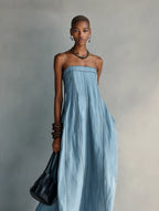 Women's Casual Blue Cotton-linen Sleeveless Camisole Maxi Dress MDZ1660F0LXY