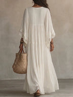 White Lace V-neck Batwing Sleeve Chiffon Maxi Dress