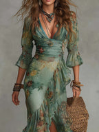 Grass Green Chiffon Irregular Ruffled Slit Maxi Dress