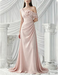 One Off Shoulder 3D Flower Cross Ruched Chiffon Maxi Dress