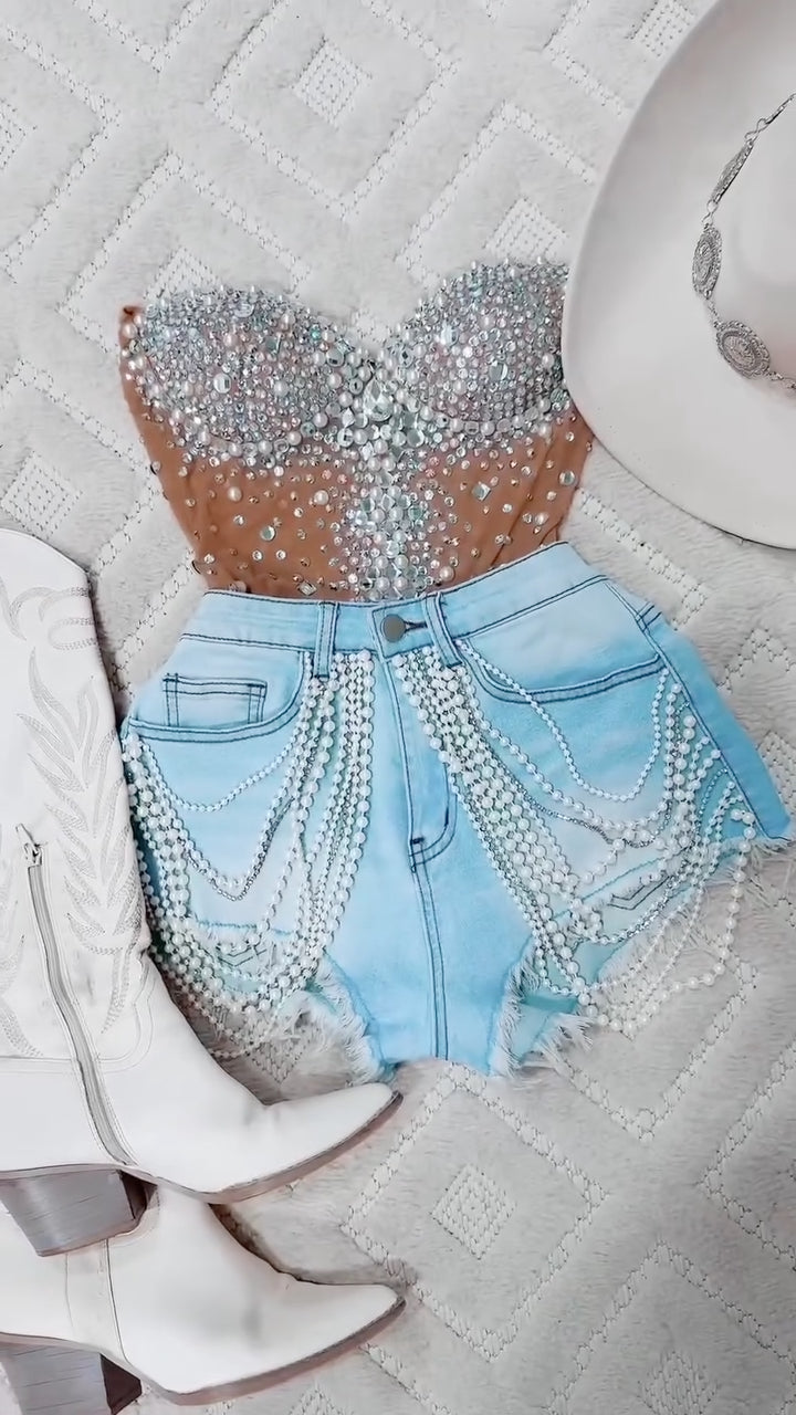 Rhinestone Mesh Bustier & Pearl Chain Denim Short Two Piece Set