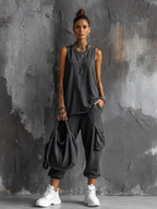 Women's Casual Style Dark Gray Cotton Blend Sleeveless Top + Jogger Cargo Pants Set MDZ2365D7GMJ