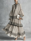Women's Casual Stylish Vacation Art Striped Ruffled Cotton Maxi Dress