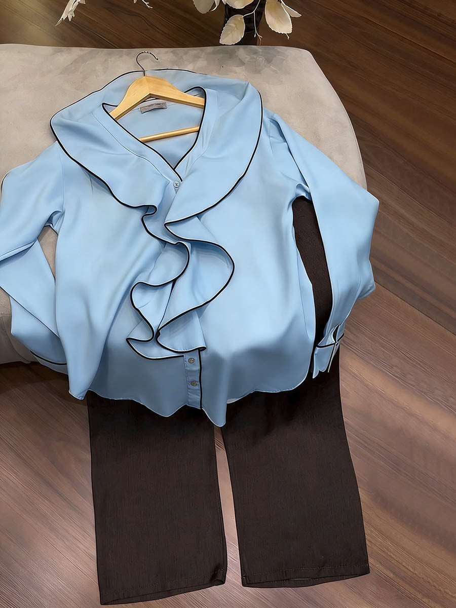 Women's V-neck Long-sleeve Loose-fit Top & Elastic-waist Wide-leg Pants Set