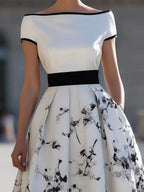 Elegant White Black Ink Floral Print Boat Neck Flared Midi Dress
