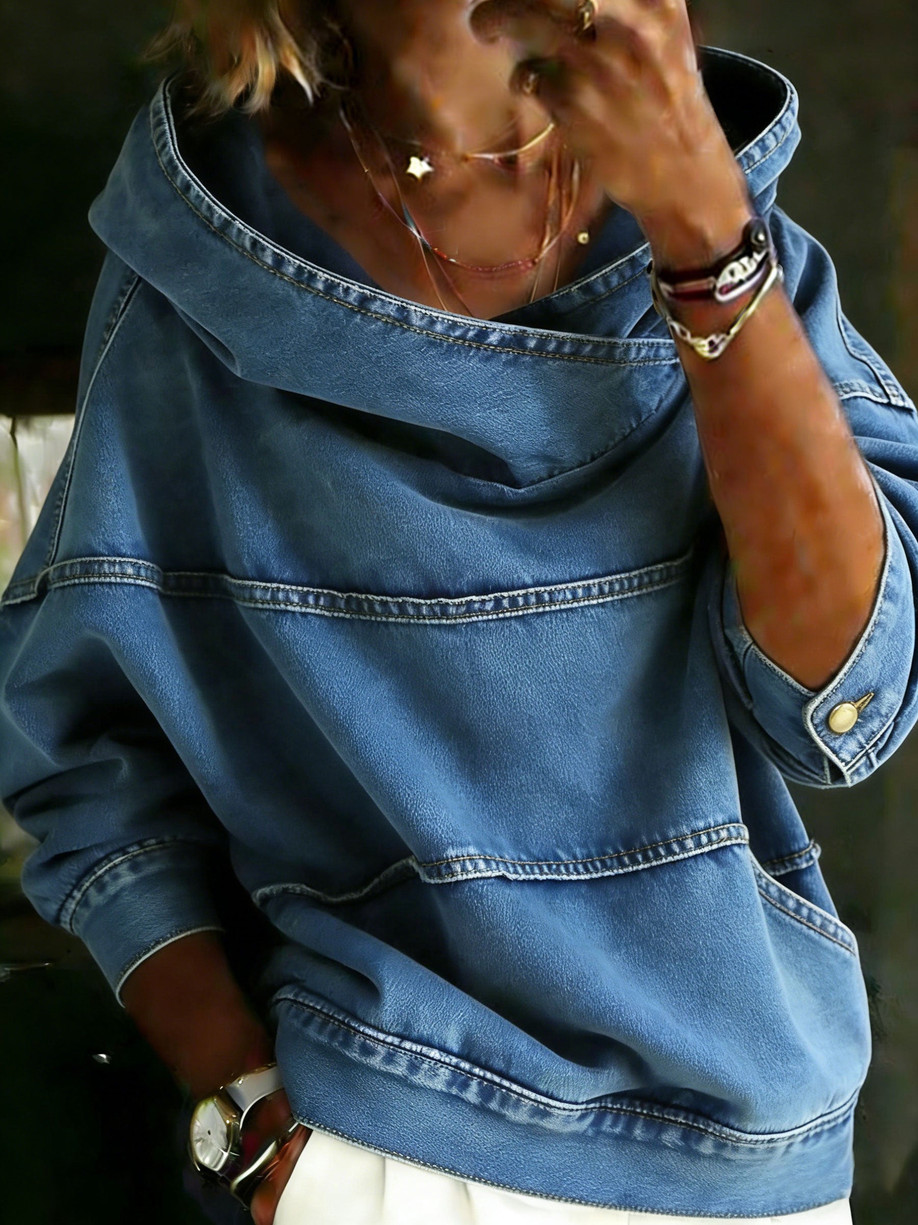 Women's Casual Stylish Long Sleeve Poket Denim Hoodie