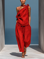 Women’s Red Linen Two-Piece Set: Asymmetrical One-Shoulder Top (Without Neck Scarf) & Wide-Leg Pants With Pockets MDZ2201D4T